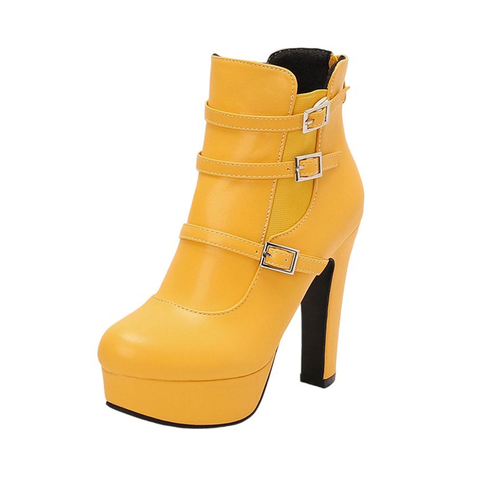 Yellow Womens Short Boots With High Heel And Back Zipper For