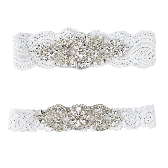 2 Styles Lace Wedding Garter Set Rhinestone Lace Garters Wedding Garters Elegant Stretchy Floral Garters Soft Polyester Lace Band Garter for Bride