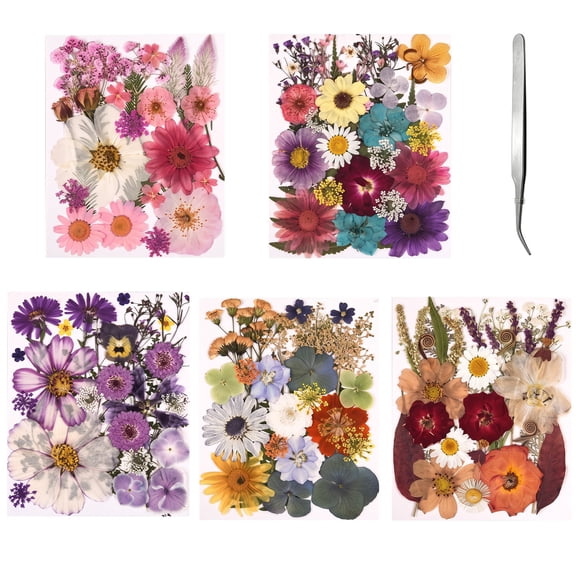 Merzark 140-Piece Natural Dried Flower Set and 1 Pair of Curved Tweezers, DIY Practical Embossed Decorative Pressed Flower Materials, Real Natural Petals with Tweezers, Handmade Candle Resin Nail Art