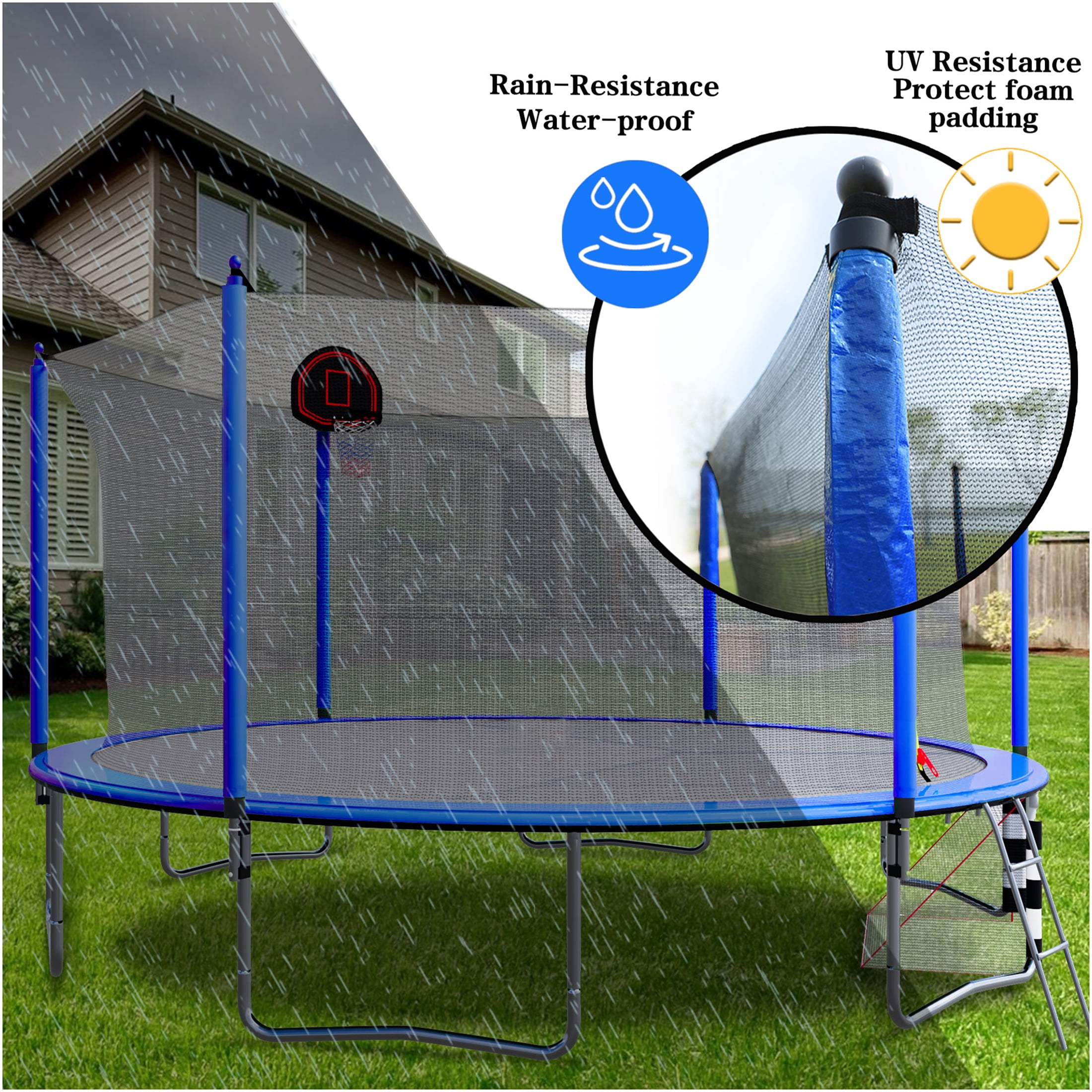 JERFIT 16FT Trampoline with Enclosure Net, Basketball Hoop, Soccer Goal, Ladder & Pump - All-in-One Outdoor Play Center for Kids, Blue