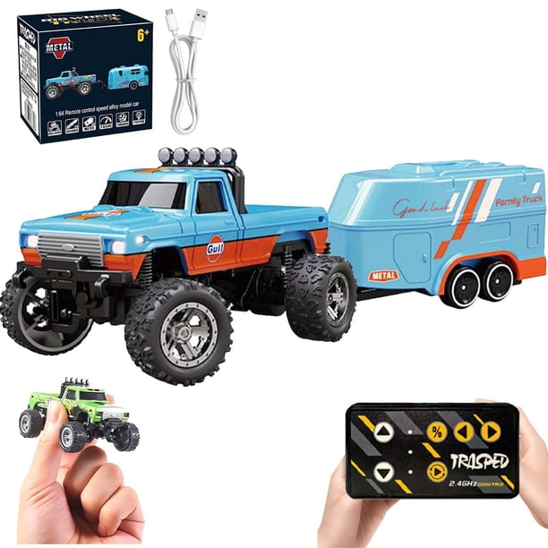 Mini Rc Monster Truck, Mini Monster Trucks, 1:64 Scale Monster Truck Remote Control Car with Lights, Mini Rc Truck with Trailer, Mini Drift Rc Car, 2.4ghz Remote Control (Blue-A)