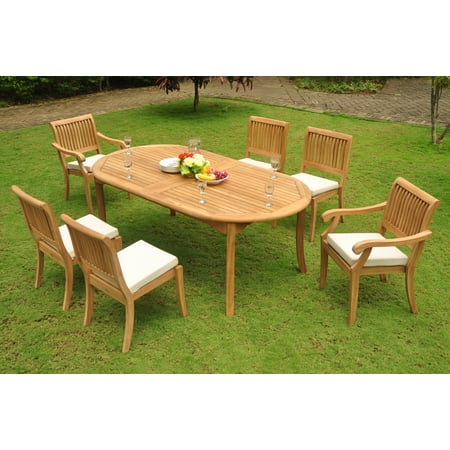 Teak Dining Set 6 Seater 7 Pc 117 Double Extensions Oval Table 4 Armless 2 Arm Captain Arbor Stacking Chairs Outdoor Patio Grade A
