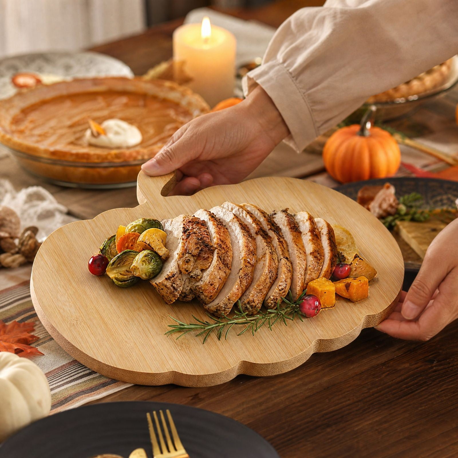Christmas Pumpkin Wooden Serving Tray Gourd Shaped Snack Platter with Styling Reusable Tabletop Server Holds Treats Appetizers and Small Items Party Kitchen Dining and Coffee Table Decor