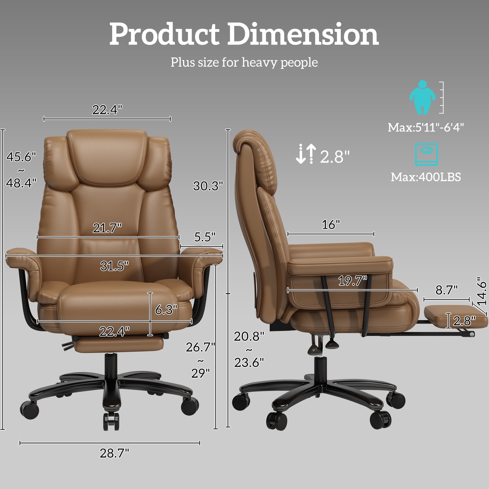 Ninecer High Back Executive Office Chair, Ergonomic PU Leather Office Chair, Heavy Duty Computer Desk Chair, Reclining Office Chair with Footrest 400lbs, Brown