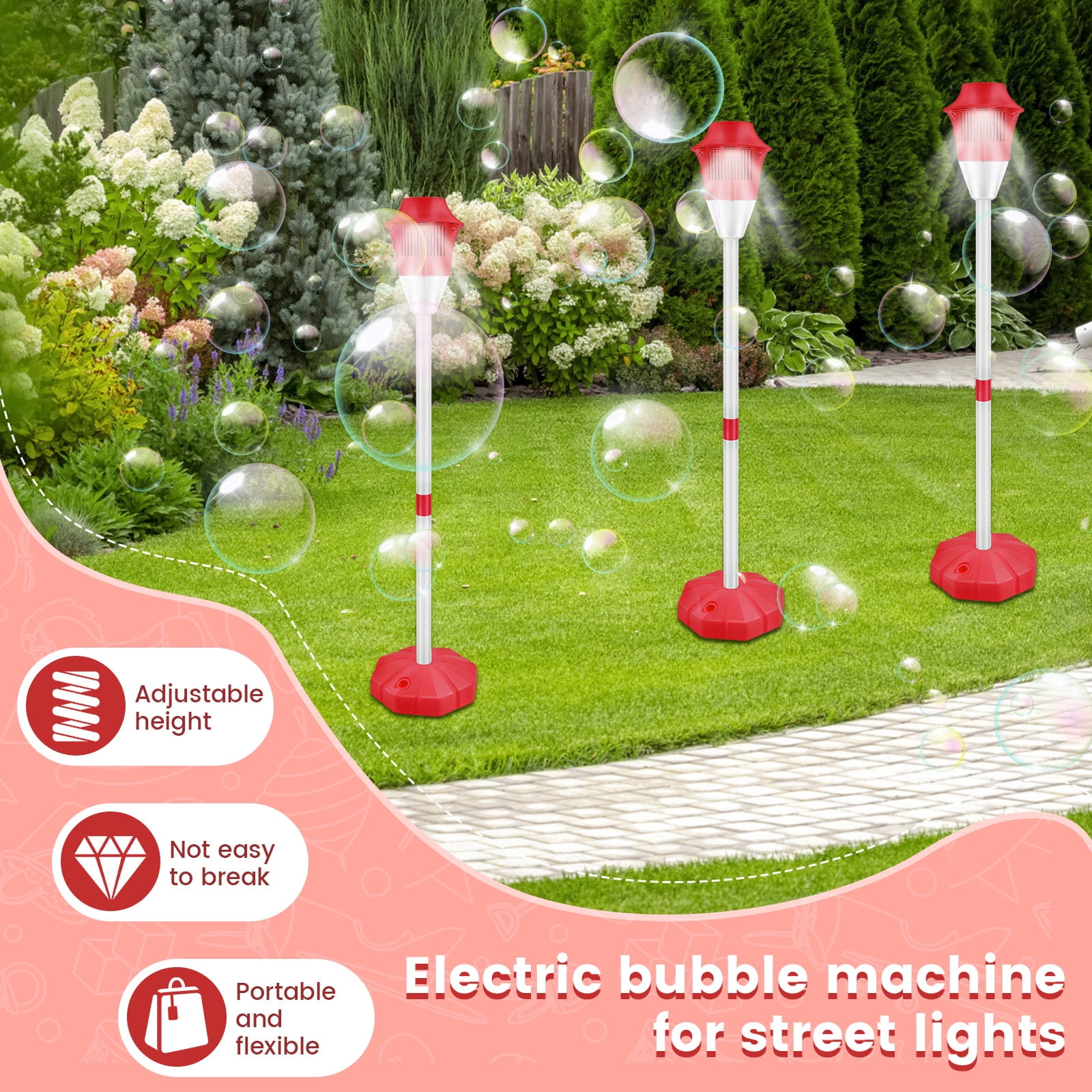 Tcwhniev Bubble Machine with Lights and Music Flexible Bubble Blower Adjustable Vertical Bubble Machine Portable Bubble Maker for Outdoor Birthday Party Wedding