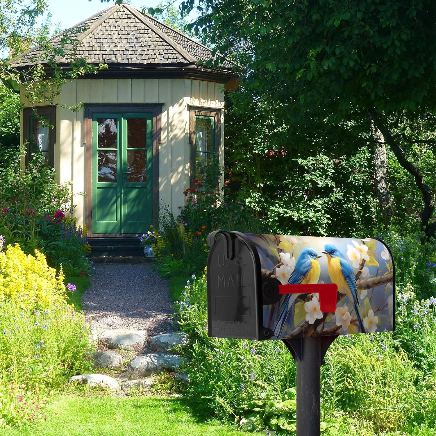 Summer Bird Floral Mailbox Covers Magnetic Spring Bluebirds Flower Mailbox Cover Standard Size 21x18 Inch Mailbox Wraps Outdoor Decoration Post Letter Box Cover for Garden Yard