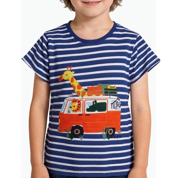 REDARER Boys Striped Bus Embroidered Short Sleeve Crewneck T Shirt Casual Comfortable Blend Top for Kids,6-7 Years