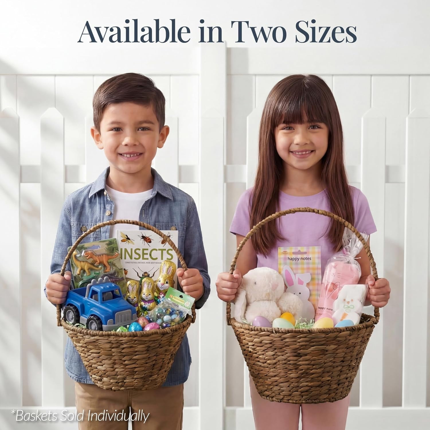 Themis Handwoven Easter Basket, Small Woven Easter Basket for Kids, Easter Egg Hunt Basket w/Collapsible Handle, Tapered Shape, Water Hyacinth - Chestnut