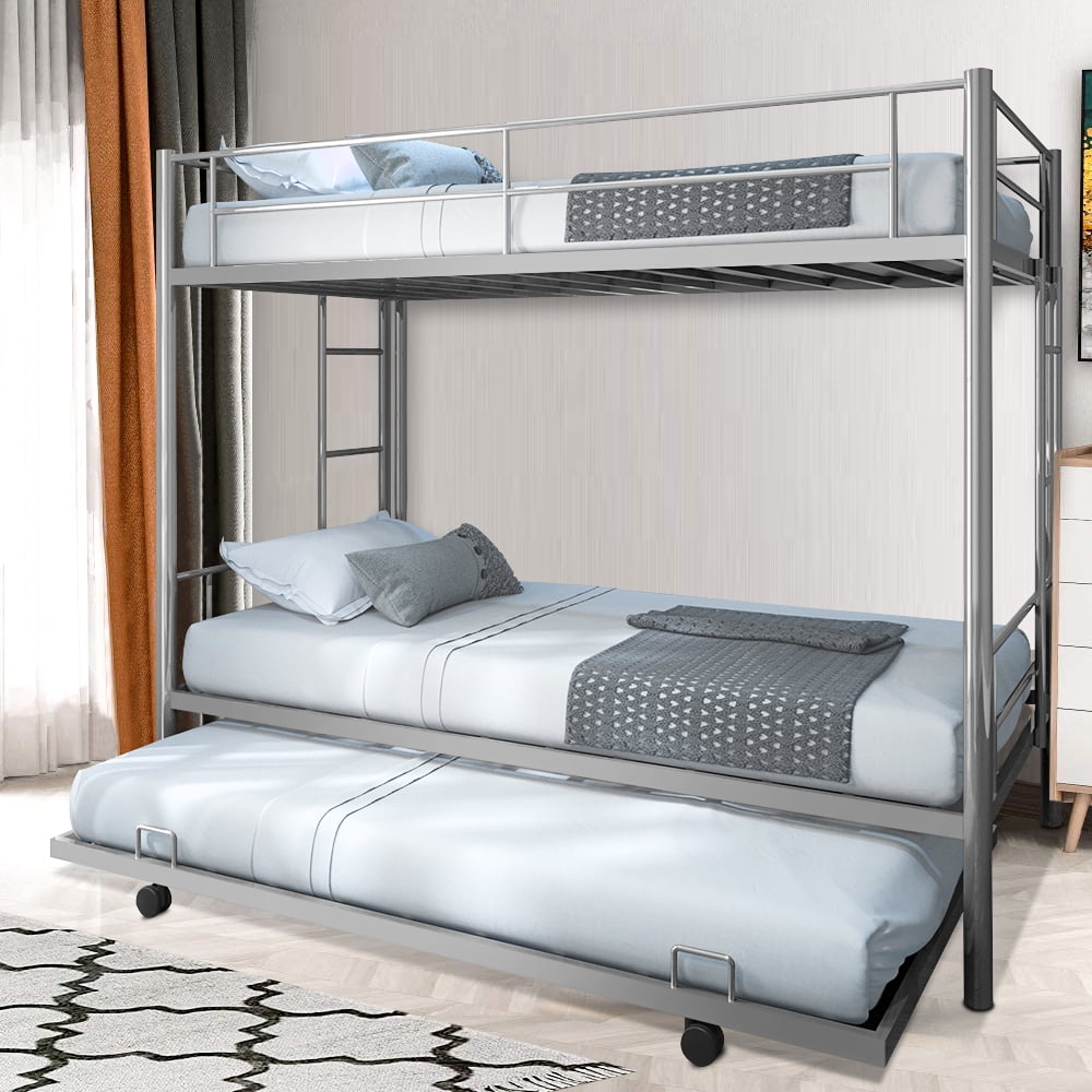 Bunk Bed with Trundle, Heavyduty Metal Twin Bunk Bed, Twin Over Twin