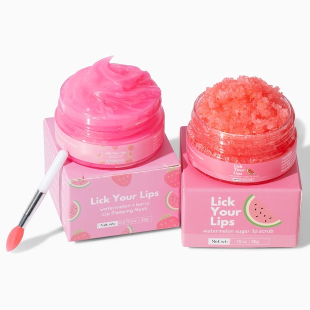 Lick Your Lips Exfoliante labial de sandía y mascarilla para dormir para labios, dúo para exfoliar y nutrir los labios secos y agrietados, kit de cuidado de labios durante la noche para lograr labios