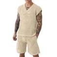 thumbnail image 2 of Ceisia Men Mesh Knit Sleeveless V Neck Tank Top Matching Shorts Set Solid Slim Fit Two Piece Casual Daily Outfit Suit Khaki M Gift, 2 of 5