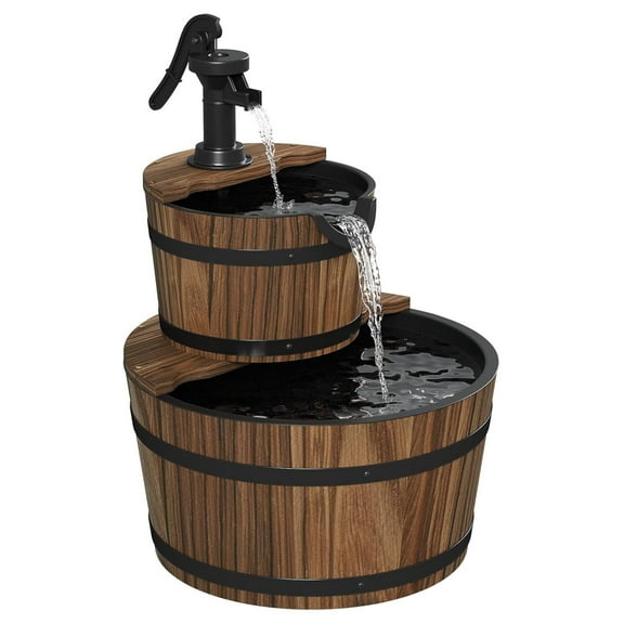 Outdoor Water Fountain 2-Tier Wood Cascading, Electric Hand Pump Waterfall for Garden Patio Backyard Wooden