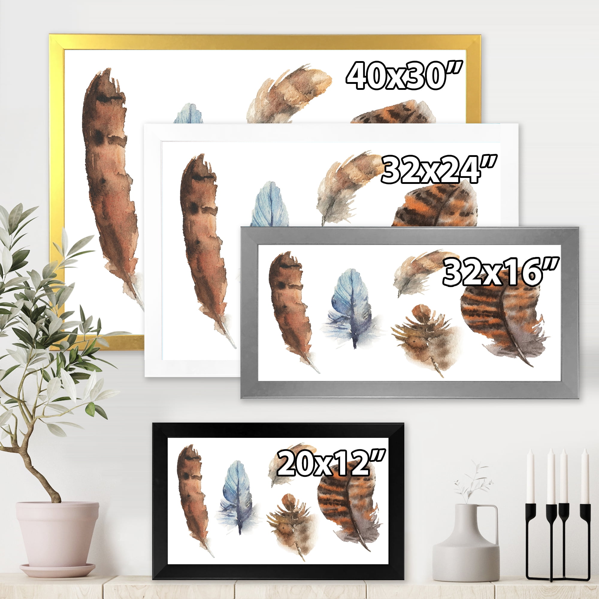 Designart 'Ethnic Boho Feathers In Earth Tones On White' Bohemian & Eclectic Framed Art Print
