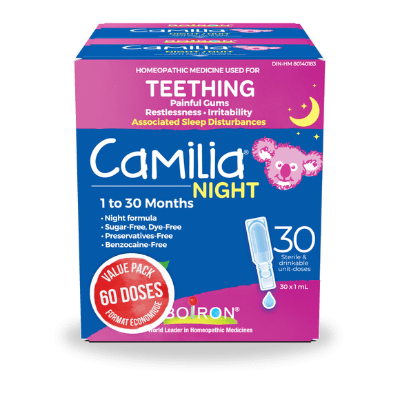 Boiron Camilia Night, Homeopathic Medicine for Relief of Teething Pain, Restlessness, Irritability, and Sleep Disturbances (Day and Night), 2 x 30 Single‑Use Drinkable Doses