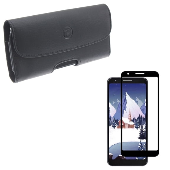 Screen Protector Tempered Glass w Case Belt Clip Leather for Google Pixel 3a - 3D Curved Edge Full Cover, Holster Cover Pouch Loops