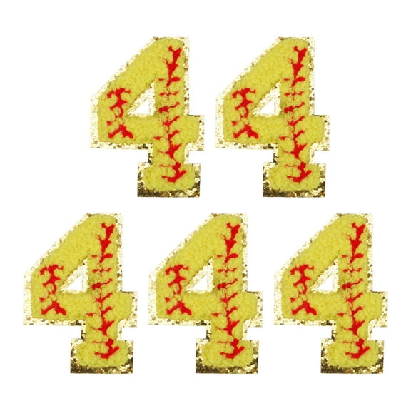 5 Pcs Baseball Number Patches Iron on, 2.72"x1.89" Chenille Number 4 Patches Golden Glitter Embroidered (Yellow)