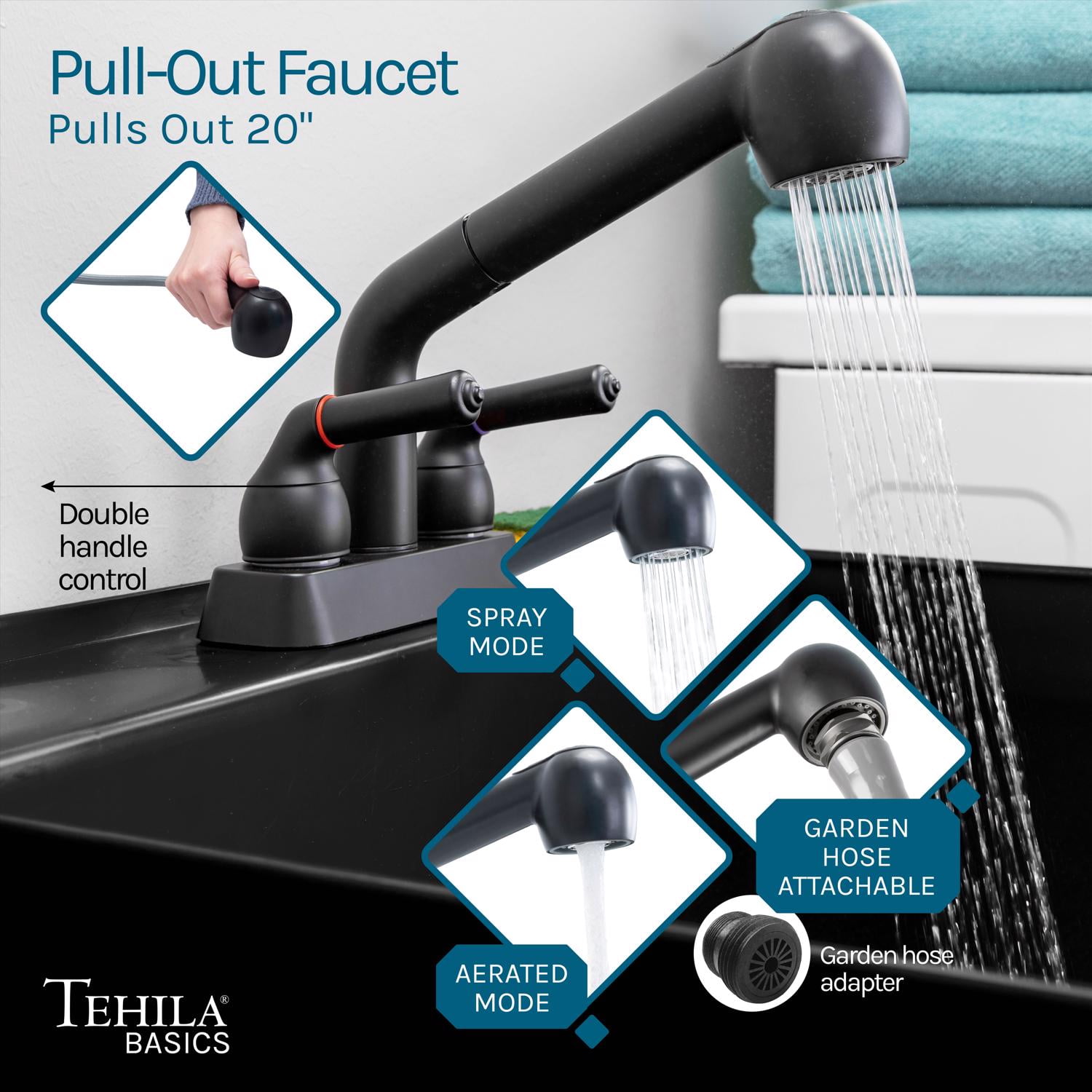 Tehila Standard Freestanding Black Laundry/Utility Sink, Black Finish Pull-Out Faucet