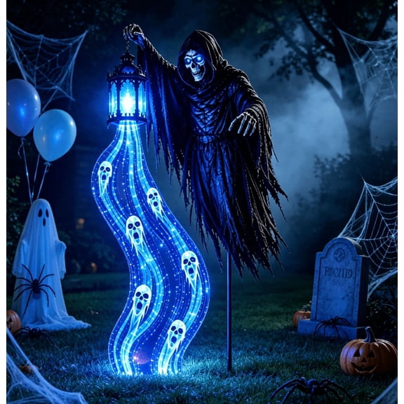 Halloween Soul Harvester Animated Garden Light, Glowing Ghost,Solar Powered Grim Reaper Lawn Stake with Flowing Blue LED Soul Effect,Waterproof Spooky Light for Yard, Pathway & Graveyard