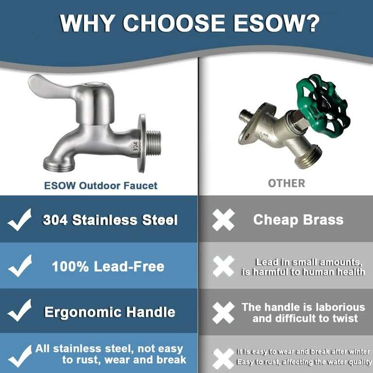 ESOW Outdoor Water Faucet SUS304 Lead- Free, Solid Irrigation Hose Bibb, 1/2 inch MIP Connection x 3/4 inch MHT Connection, Frost-Proof Outside