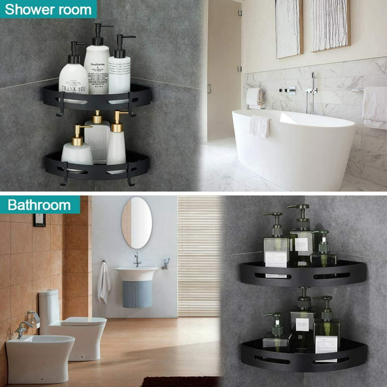 STEUGO Corner Shower Caddy, Adhesive Wall Mounted Bathroom Corner Shower Shelf with 4 Movable Hooks, Rustproof Stainless Steel Bathroom Shower