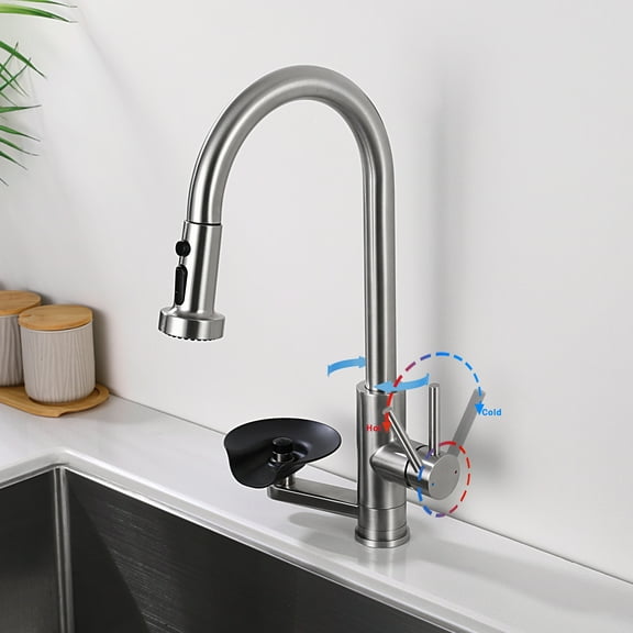 3-in-1 Kitchen Faucet with Press-Type Glass Rinser, High-Arc Pull-Down Sprayer Faucet, 3 Function Spray Mode, Brushed Nickel Finish, for Modern Kitchen Sink