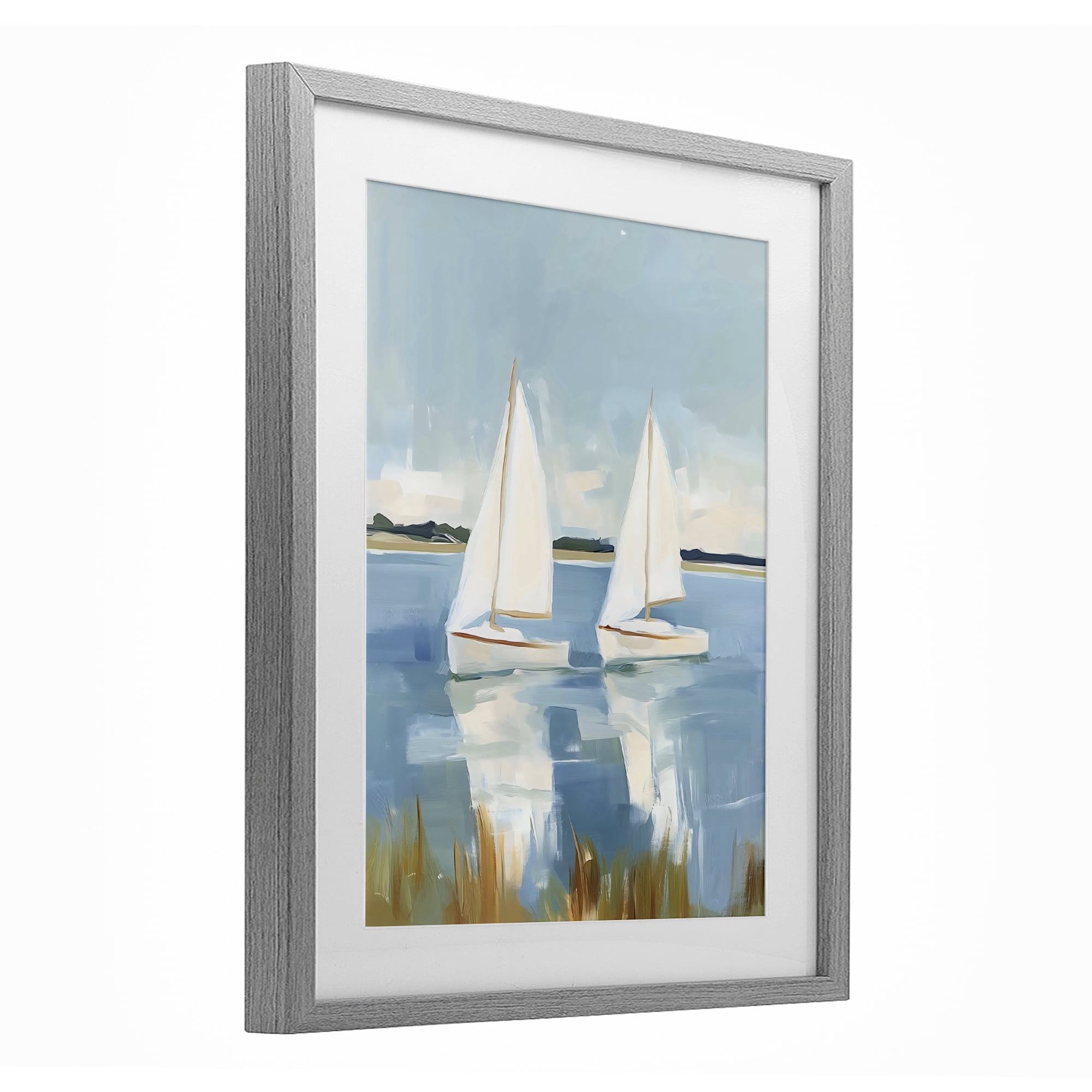 Stupell Industries Twin Sailboats By Shore Gray Framed Print Under Glass, design by The Prints Vibe