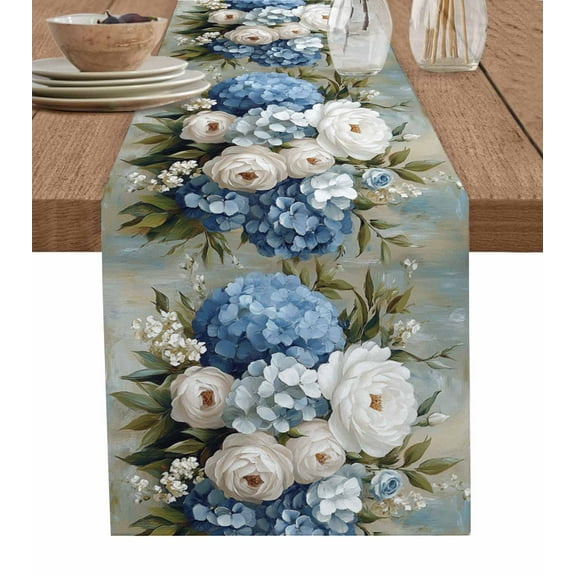 Table Runner Blue White Flowers Table Decoration for Kitchen Dinning Oil Painting Table Decoration for Indoor Outdoor Party Wedding Decor 13x90 Inch