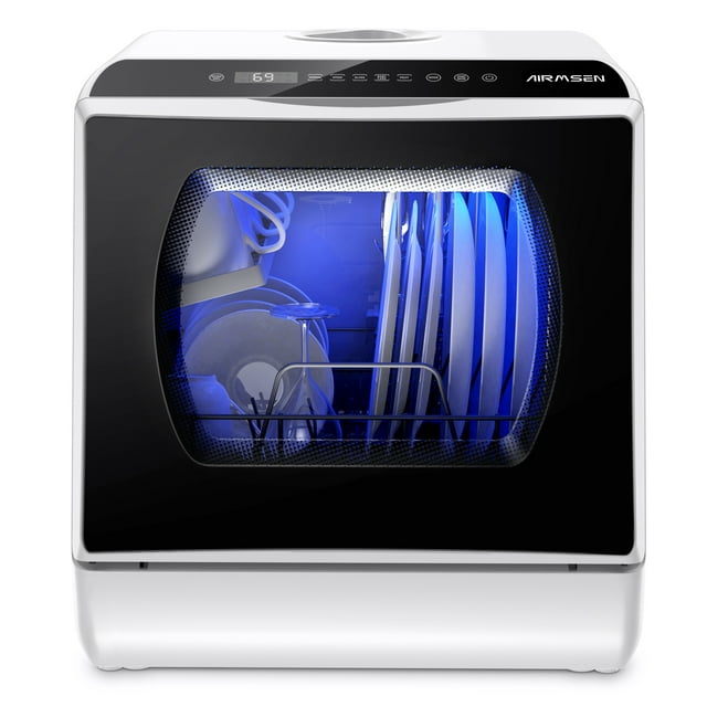 AIRMSEN Lave-vaisselle de Comptoir Portable avec Réservoir d'Eau Intégré de 5 Litres et Fonction de Séchage à l'Air, 5 Programmes de Lavage, AE-TDQR03
