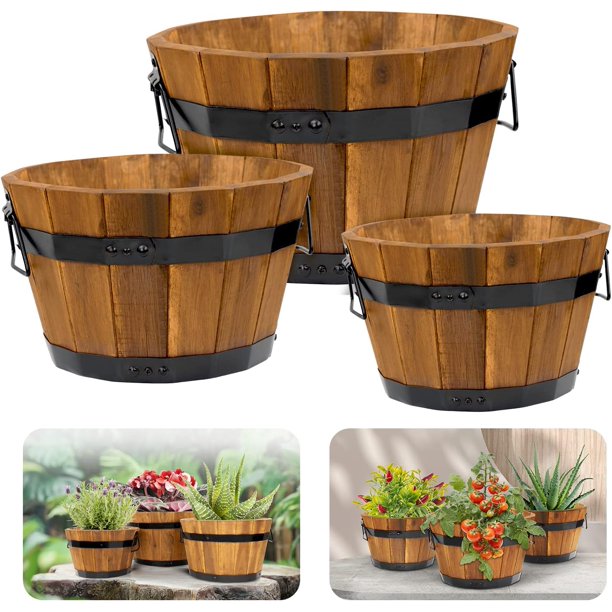 Idzo Set of 3 Rustic Wood Bucket Barrel Planters, Durable Acacia Wood