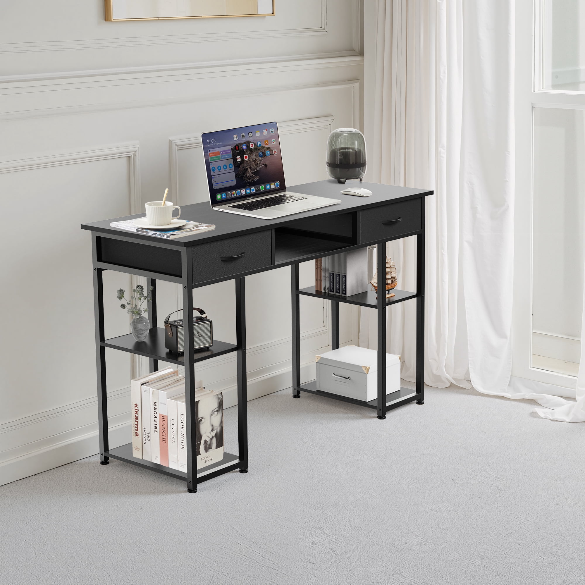 MAYEERTY 48in Adjustable Small Computer Desk, Metal Writing Study Table with Storage and Headphone Hook, Home Office