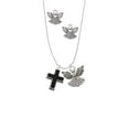 thumbnail image 2 of Delight Jewelry Silvertone Large Black Enamel Cross with Decorated Sides Silver tone Guardian Angel Charm Necklace and Stud Earrings, 2 of 4