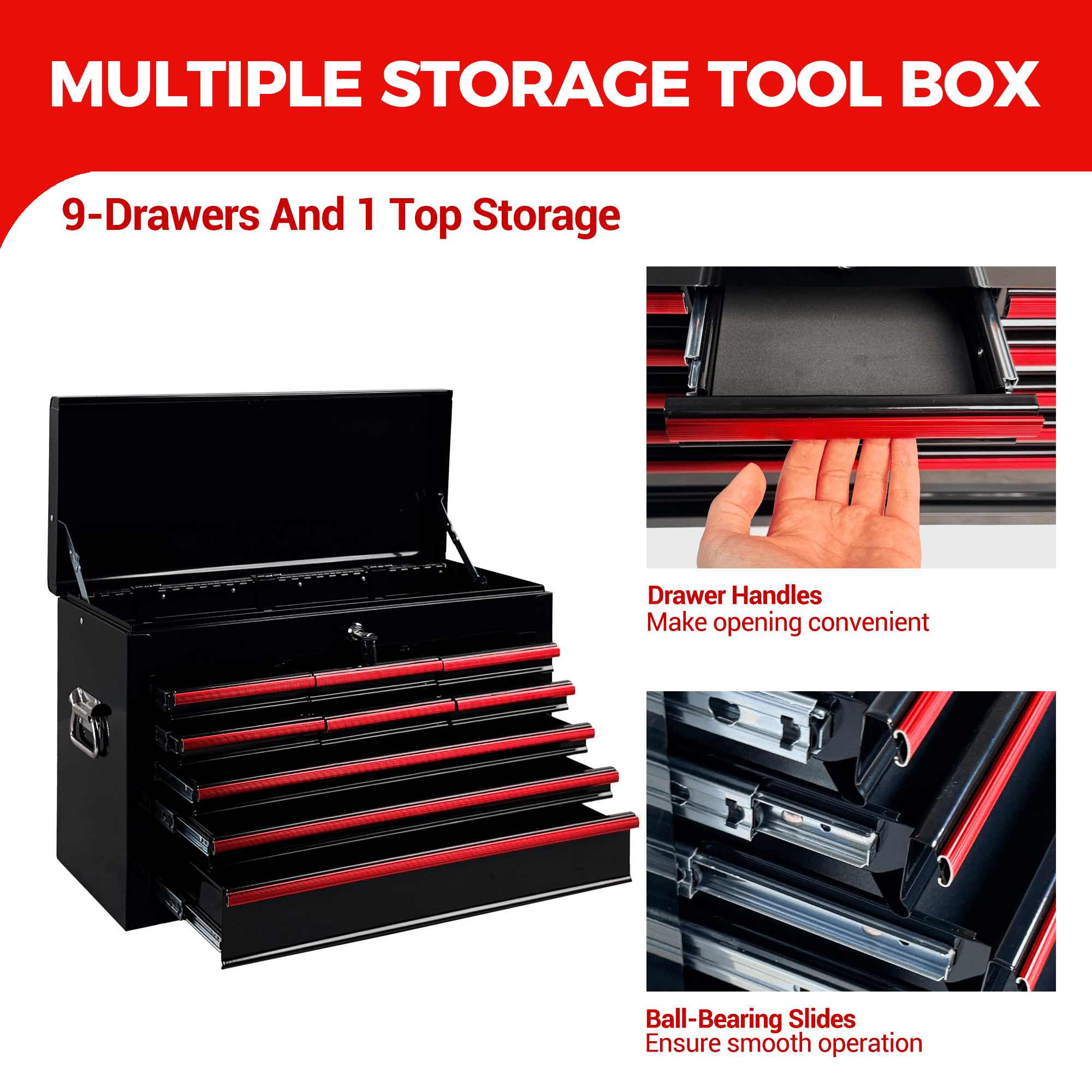 Heavy Duty Metal Tool Box,24 Inch Portable Tool Chest with 9 Drawers, Ball Bearing Slide Drawers with Auto-Locking System, Lockable Top Box Tool Organizer for Garage, Workshop, Truck,Black