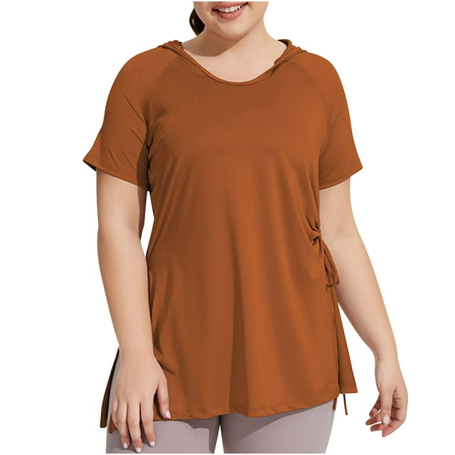 Hooded Workout Top for Women, Short Sleeve, Plus Size, Sun Protection, Breathable Polyester, Loose Fit, Black