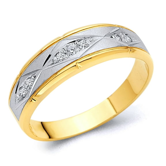 Wellingsale Men's Solid 14k Two 2 Tone White and Yellow Gold Polished CZ Cubic Zirconia Wedding Band - Size 8