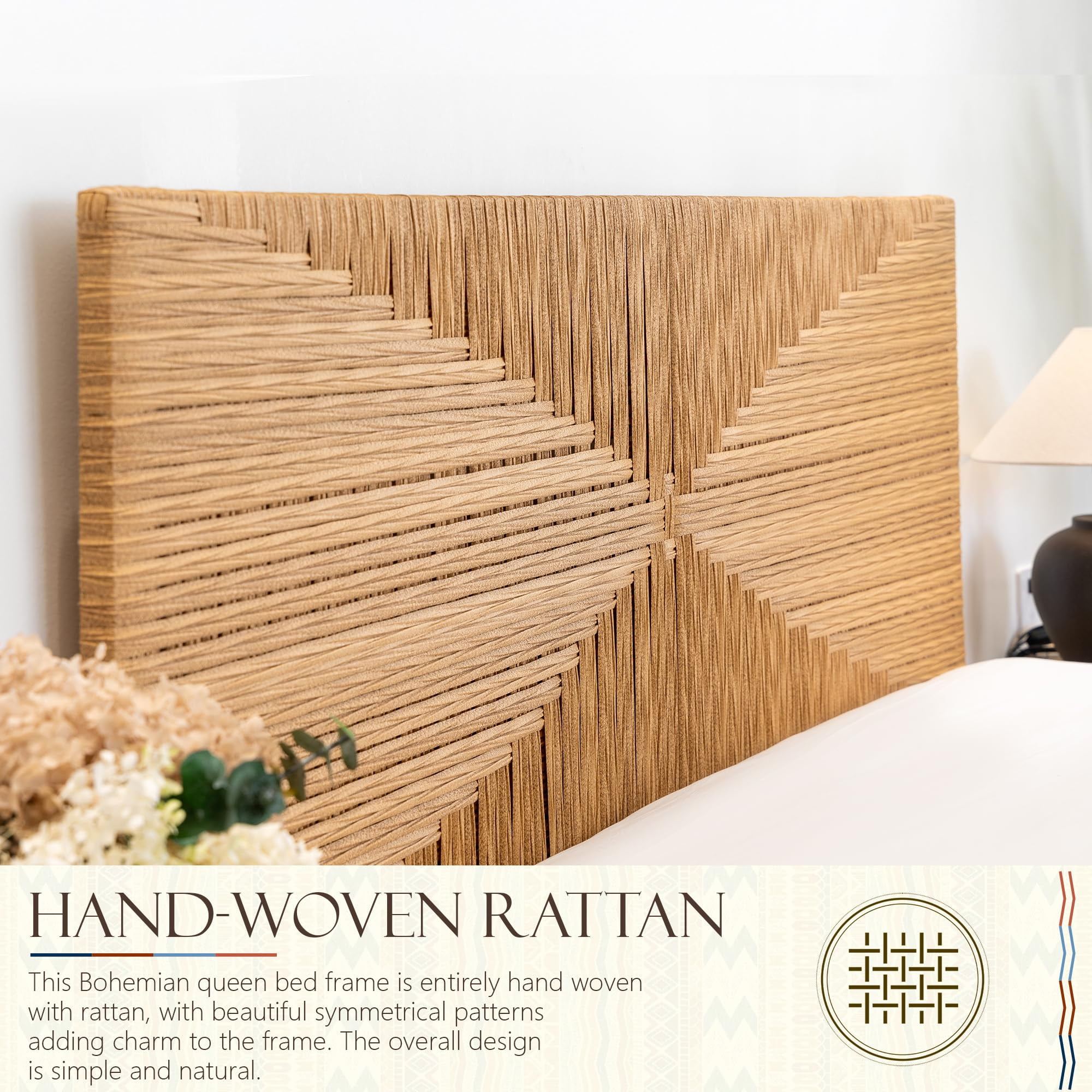 brafabhome Hand-Woven Queen Bed Frame with Headboard and Footboard, No Box Spring Needed, 1000lbs