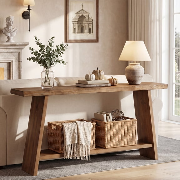 Tribesigns Solid Wood Console Table, 62.99" Entryway Table with Storage Shelf for Hallway, Entrance, Living Room, Brown