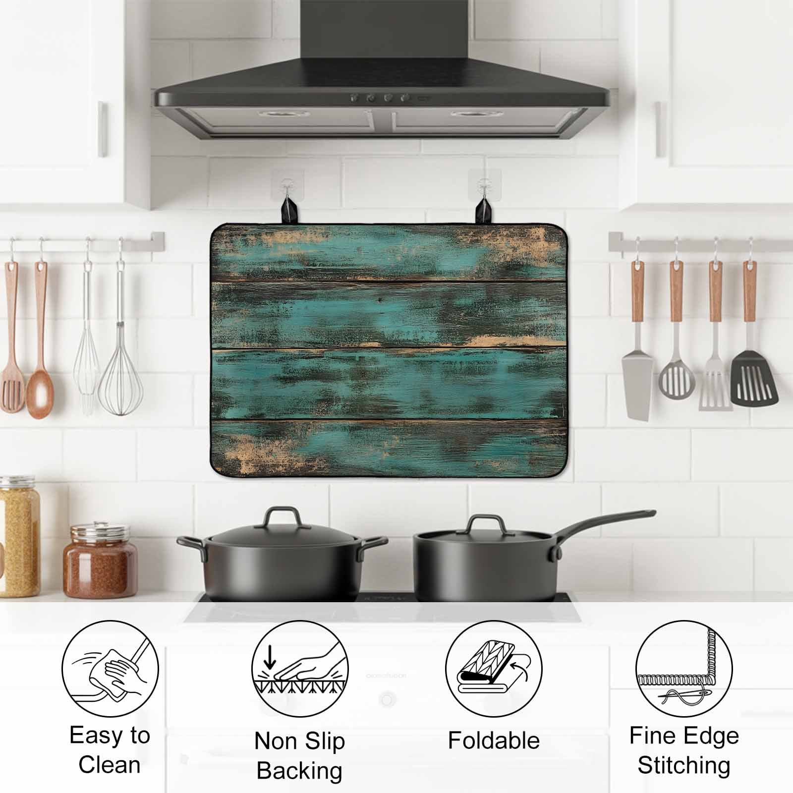 Teal Brown Wood Print Stove Top Cover for Electric Stove, Heat-proof & Non Slip Glass Top Stove Cover Protector, Farmhouse Vintage Plank Kitchen Flat Cooktop Rubber Mat 24x21 Inches