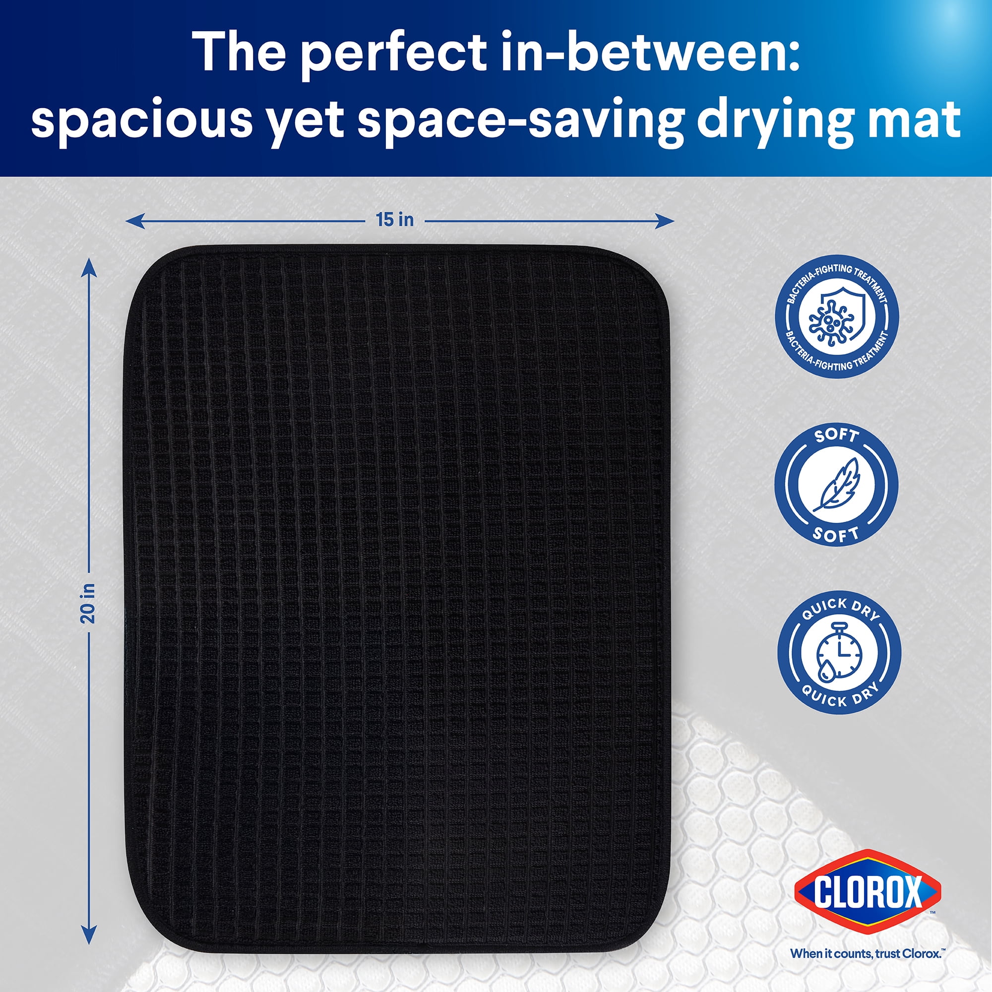 Clorox Dish Drying Mat, Absorbent Microfiber, 50% Recycled for Kitchen, 15" x 20" Black