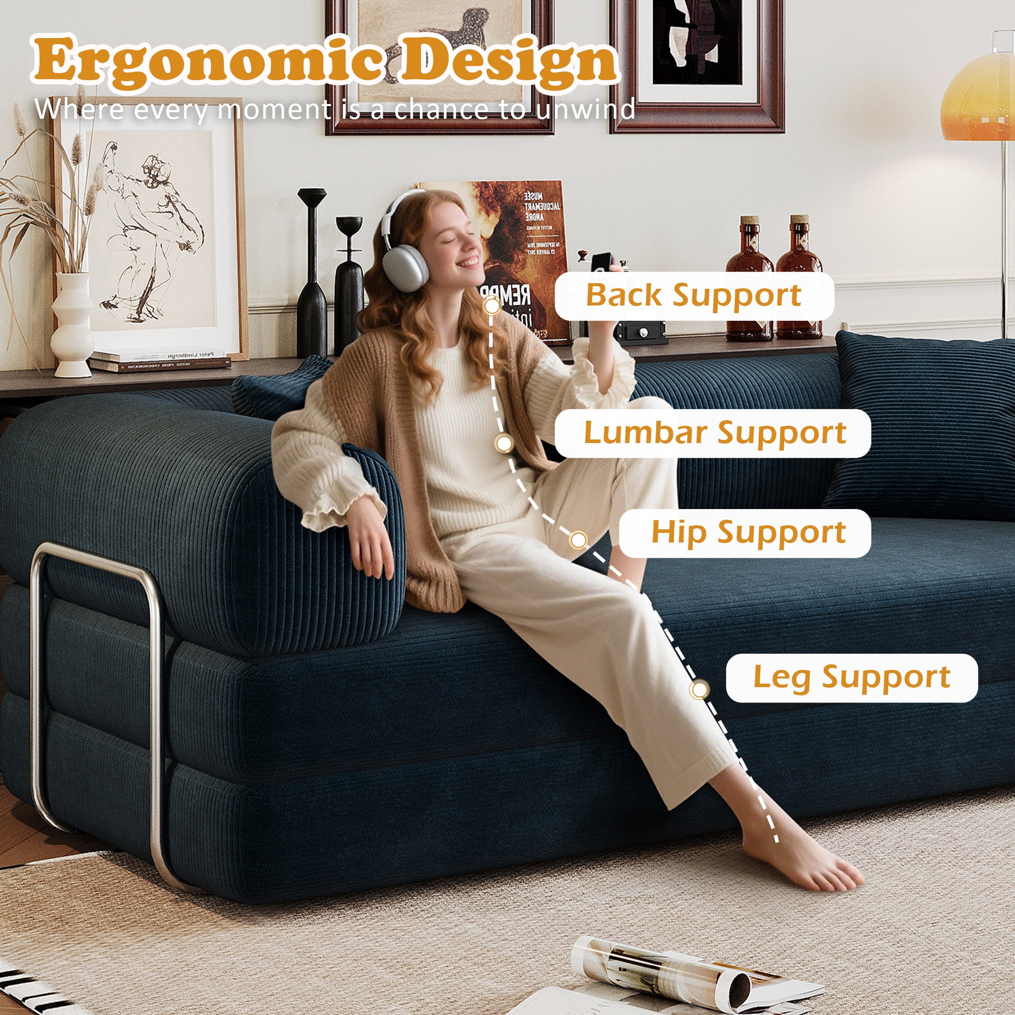 Eyisean 78.8" Corduroy Convertible Sofa Bed with Stainless Fixed-Shape Frame, 4-in-1 Boneless Loveseat with Pull-Out Bed, Lounge Futon Sofa Couch Floor Mattress for Living Room, No Assembly Required