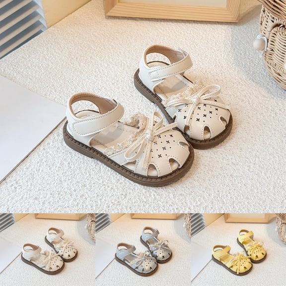 SGFCWSX Girls Closed Toe Sandals Bow Lace Decor Ankle Strap Soft Non-Slip Sole Summer Casual Shoes for Outdoor Daily Party Wear Beige Size 11 Little Kids