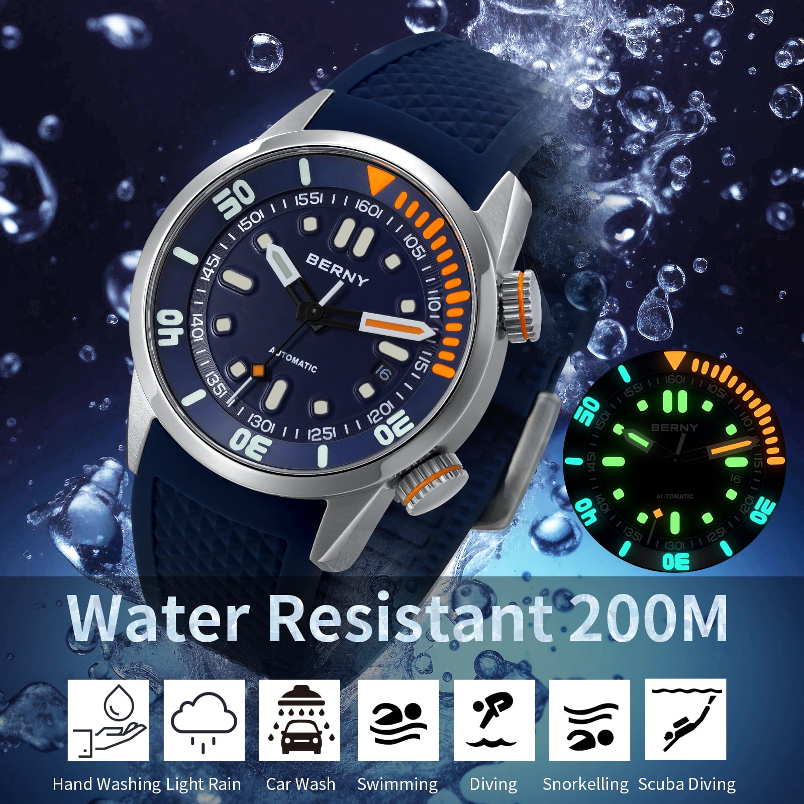 BERNY Automatic Dive Watches for Men, Sport 20ATM Waterproof Analog Mechanical Watch with Date, Super Luminous, Silicone Strap, Stainless Steel, Sapphire Crystal, Men's Pro Diver Watch (Blue)