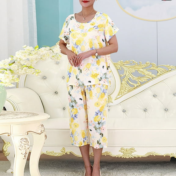 Nrmvnmi 2 Pcs Silk Pajamas for Women 2024 Fashion Pajama Short Floral Tunic Top Sleepwear Soft Pj Capris Lounge Sets Pjs Shorts Set