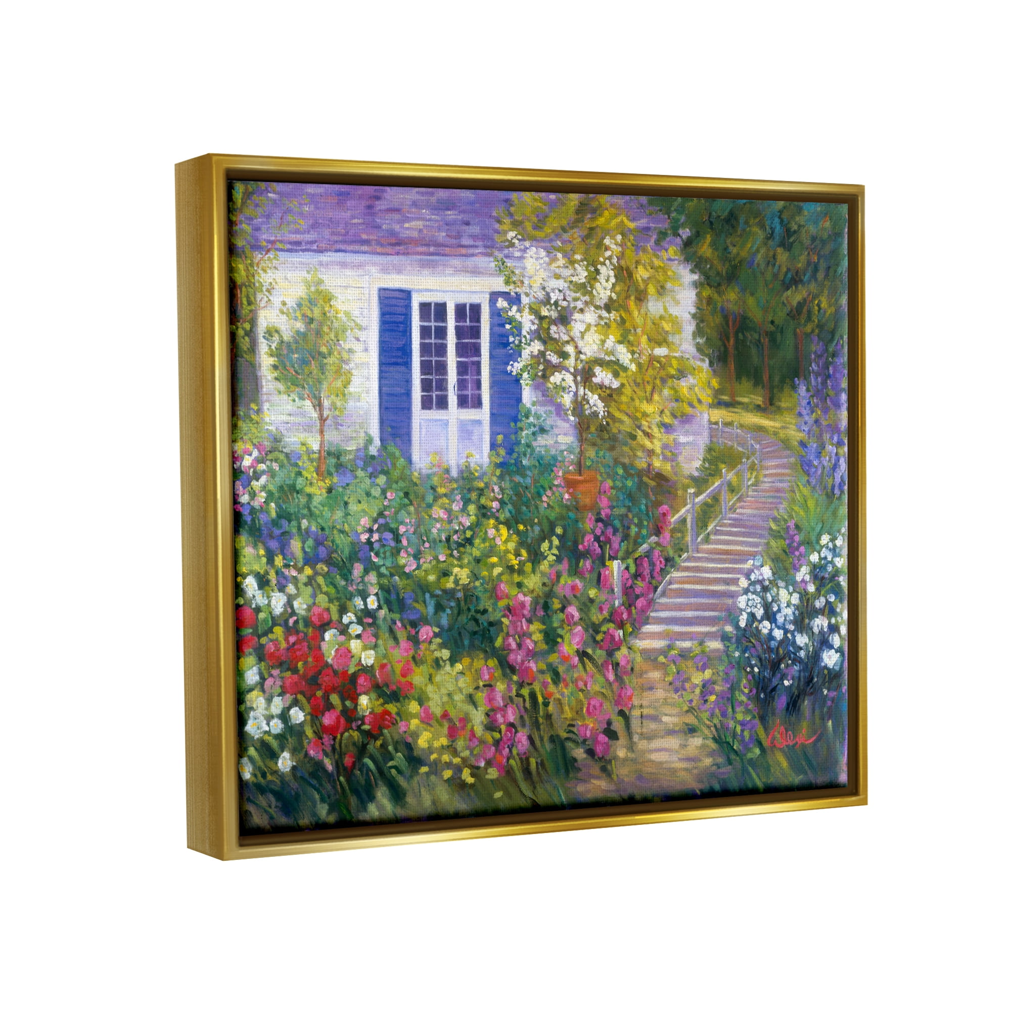 Stupell Industries Garden Cottage House Landscape Painting Gold Floater Framed Canvas Art Print Wall Art, 21 x 17
