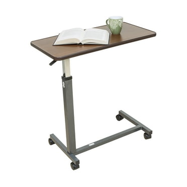 Essential Medical Supply Height Adjustable Automatic Overbed Table with Woodgrain Top and Locking Wheels