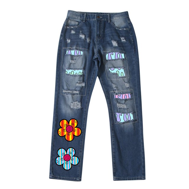 SZXZYGS Stretch Jeans Men Flower Printing Jeans for Women Pull On Mid Rise Stretch Classic Jeans S 5Xl