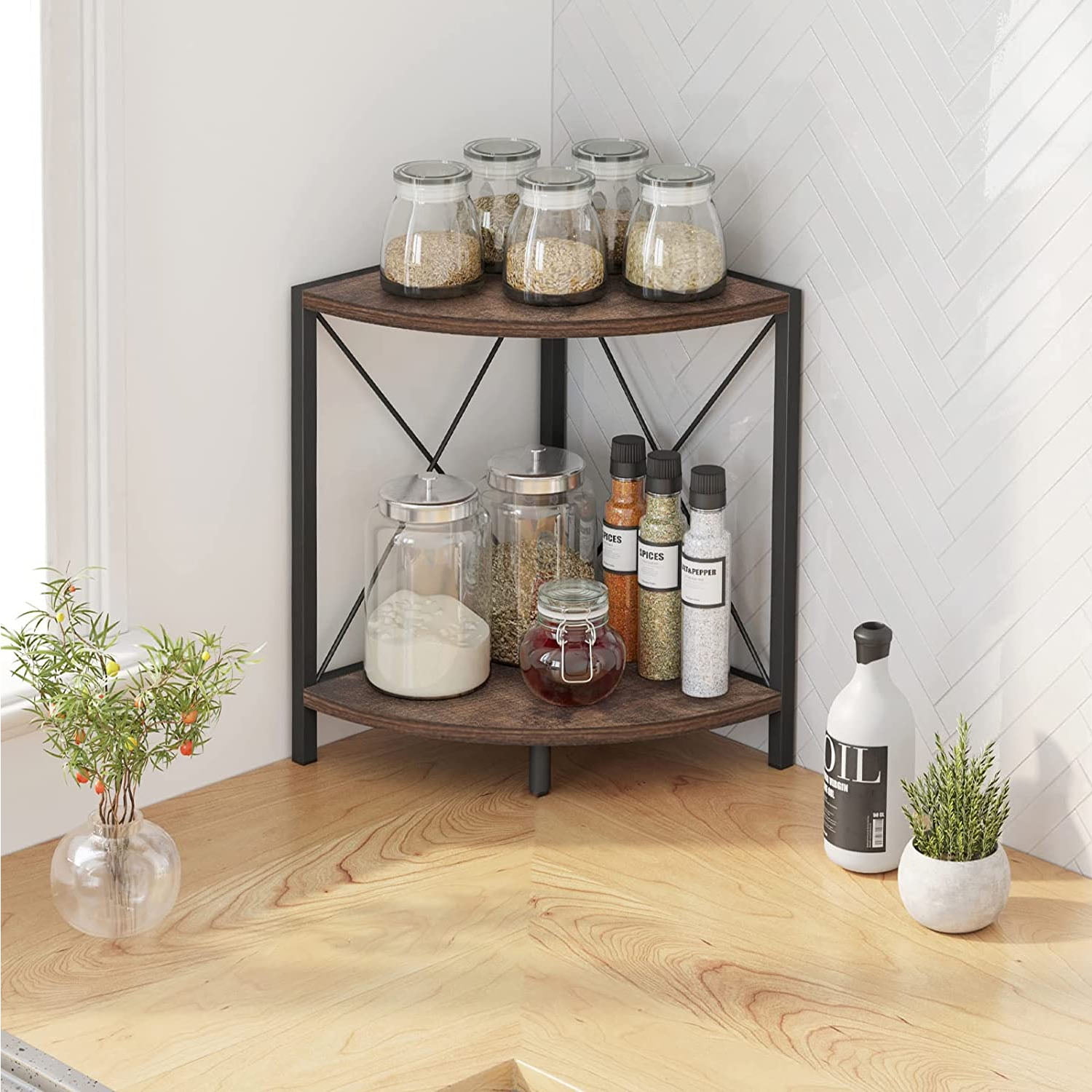 Rustic Corner Shelf for Desktop, 2 Tier Corner Storage Organizer