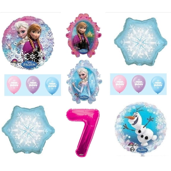 FROZEN Anna ELSA OLAF Pink Snowman Snowflake 7th #7 (12) Birthday Party Balloons Set