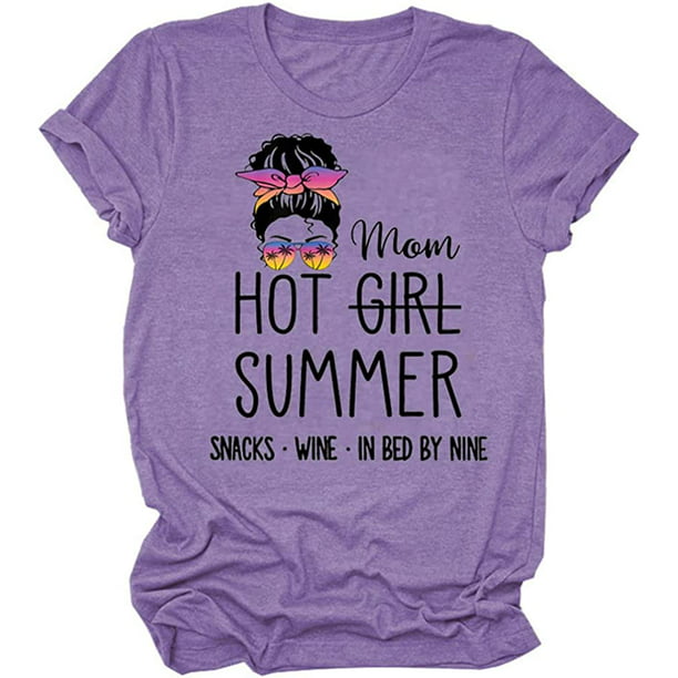 Hot Mom Summer T Shirt Women Short Sleeve Casual Shirts Funny Sayings  Vacation Tees Mama Gifts Tops Purple Medium 