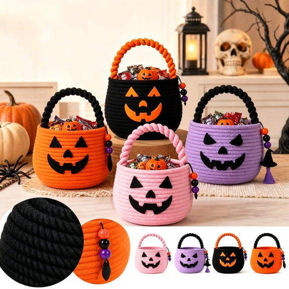 Halloween Pumpkin Woven Storage Basket with Handles, Cotton Rope Candy Gift Holder for Bathroom Countertop Nursery Decor (Black)