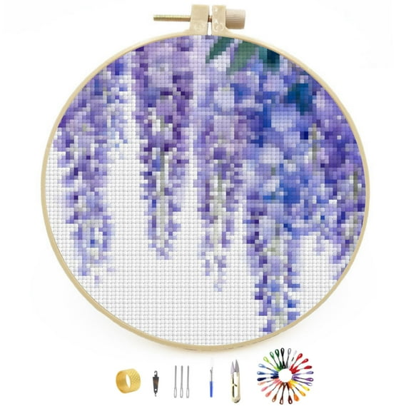 Wisteria Flowers Stamped Cross Stitch Kits for Beginners with Hoop Simple Patterns 11CT Counted Embroidery Needlepoint Crafts Arts for DIY Enthusiasts and Home Decor 26x26cm(2)